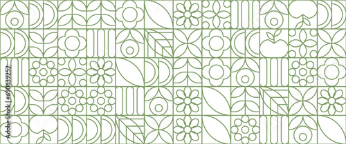 Green and white modern vector abstract geometric banner with nature outline simple shapes graphic pattern. Fresh organic background. Minimalist environment shape texture, geometry collage.