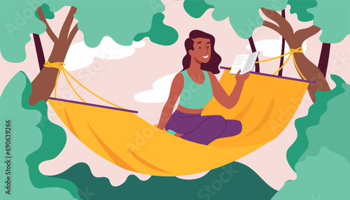 Woman in hammock conept. Young girl sitting in yellow bed outoor. Rest and relax at nature or at backyard in garden with fiction. Character read book. Cartoon flat vector illustration