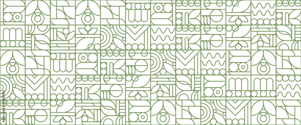 Green and white vector flat mosaic banners with outline nature shapes. Geometric organic nature outline mosaic banner