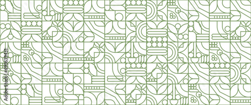 Green and white modern minimalist mid century neo geometric mosaic bauhaus style banner pattern abstract vector illustration with outline nature shapes. Abstract eco agriculture banner background