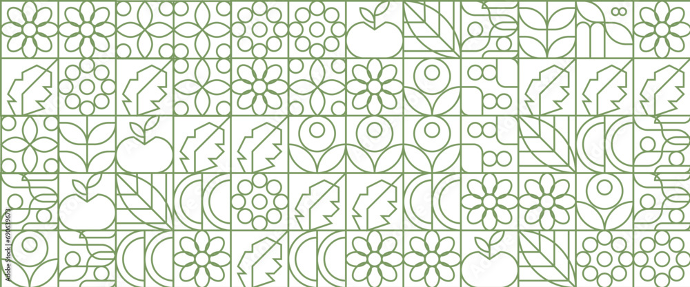 Green and white geometric minimal pattern mosaic. Simple outline nature shapes, modern bauhaus banner vector design. Abstract eco agriculture banner background. Vector design