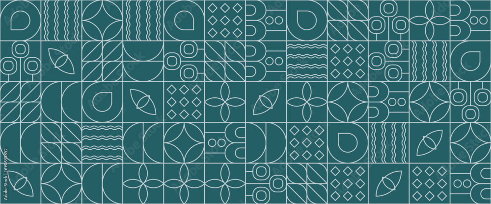 Green and white abstract geometric mosaic banner design with simple nature outline shapes