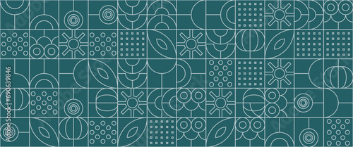 Green and white modern minimalist mid century neo geometric mosaic bauhaus style banner pattern abstract vector illustration with outline nature shapes