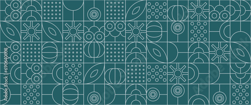 Green and white outline geometric mosaic seamless pattern illustration with creative nature shapes banner