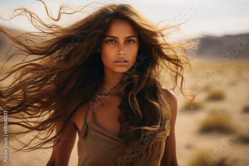 Woman with flowing hair in the desert, embodying strength and natural elegance in a stark landscape.