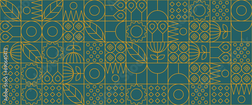 Green and yellow outline geometric mosaic seamless pattern illustration with creative nature shapes banner