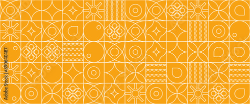 White and yellow outline geometric mosaic seamless pattern illustration with creative nature shapes banner