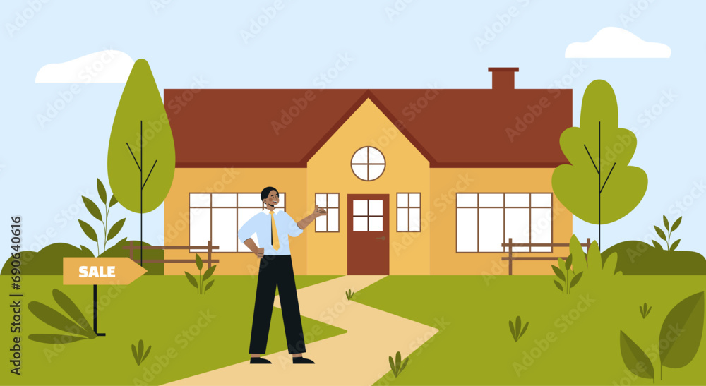 House for sale concept. Man near private property and real estate. Realtor and investor, trader. Advertisng and marketing, special offer at rental market. Cartoon flat vector illustration