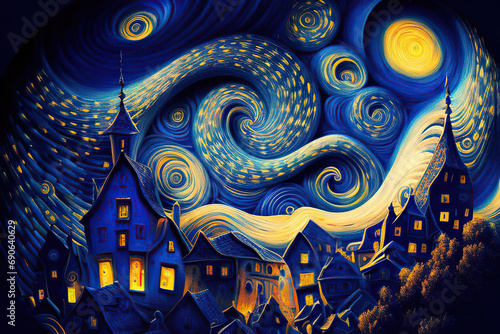 Starry night on the town with blue and yellow spirals in the sky, fantasy landscape, illustration in the style of impressionism, Generative AI