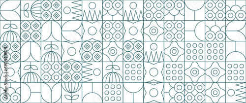 Green and white modern minimalist mid century neo geometric mosaic bauhaus style banner pattern abstract vector illustration with outline nature shapes