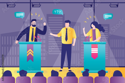 Viewers looking talk show. Political TV debates before vote. studio interior with cartoon characters of people standing behind tribunes and presenter or anchorman,