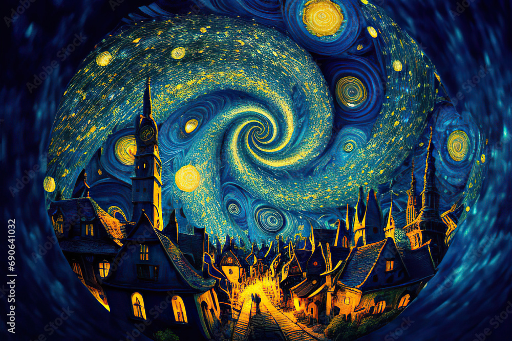 Starry night on the town with blue and yellow fractal and spirals in the sky, fantasy landscape in the style of impressionism, Generative AI