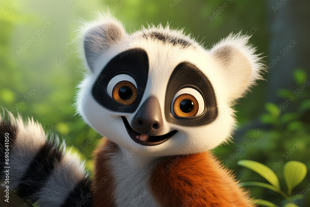 cartoon illustration of a cute lemur smiling - obrazy, fototapety, plakaty 