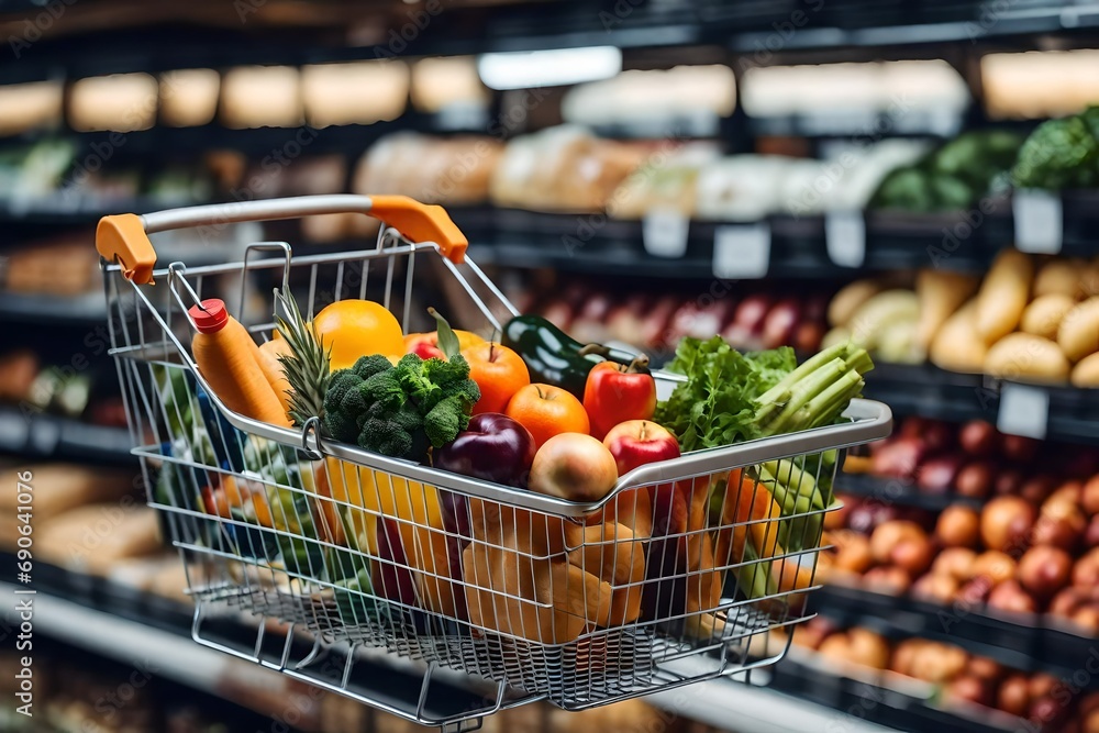 Grocery basket with products, blur background