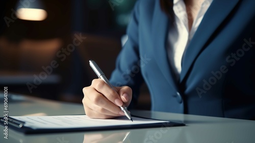 Businesswoman using pen to tick correct sign mark in checkbox for quality document control checklist and business approve project concept. Generative AI