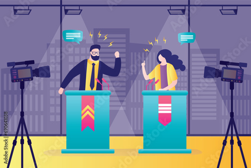 Political show on tv. Two politician guests debate in modern television studio. Business characters on tv. Interview, media event. Cameras create video content.