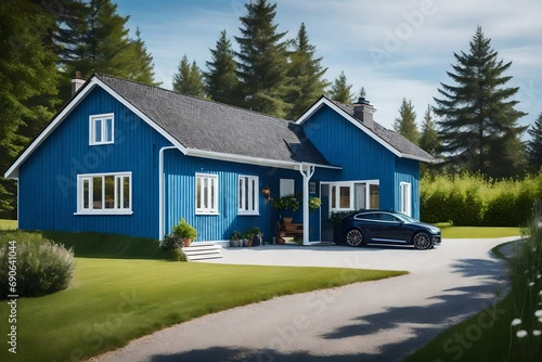 Gorgeous home in the Scandinavian design, featuring a two-car garage and a garage in front. Green grass and a blue sky in the summer © Stone Shoaib