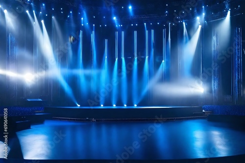 Idea for an online entertainment event. The setting for the virtual concert. Blue spotlights on stage. stage empty and lit by blue spotlights