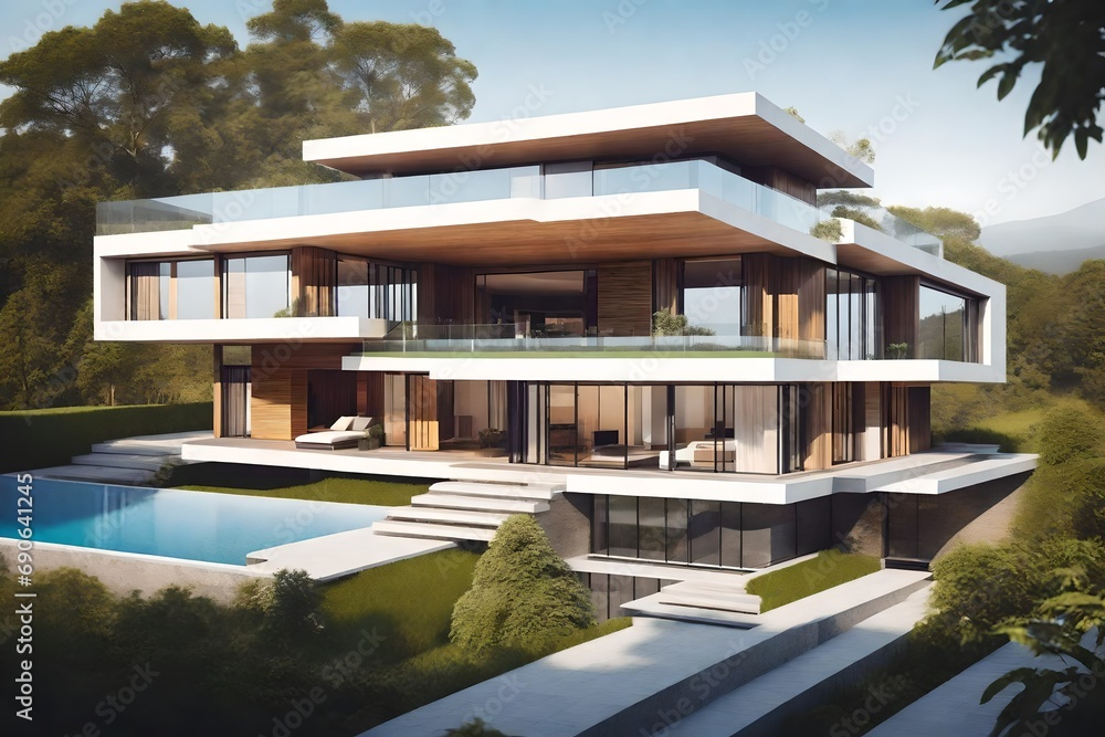 Modern minimalist house in the shape of a cube. Villa perched on a hill with a pool and balcony
