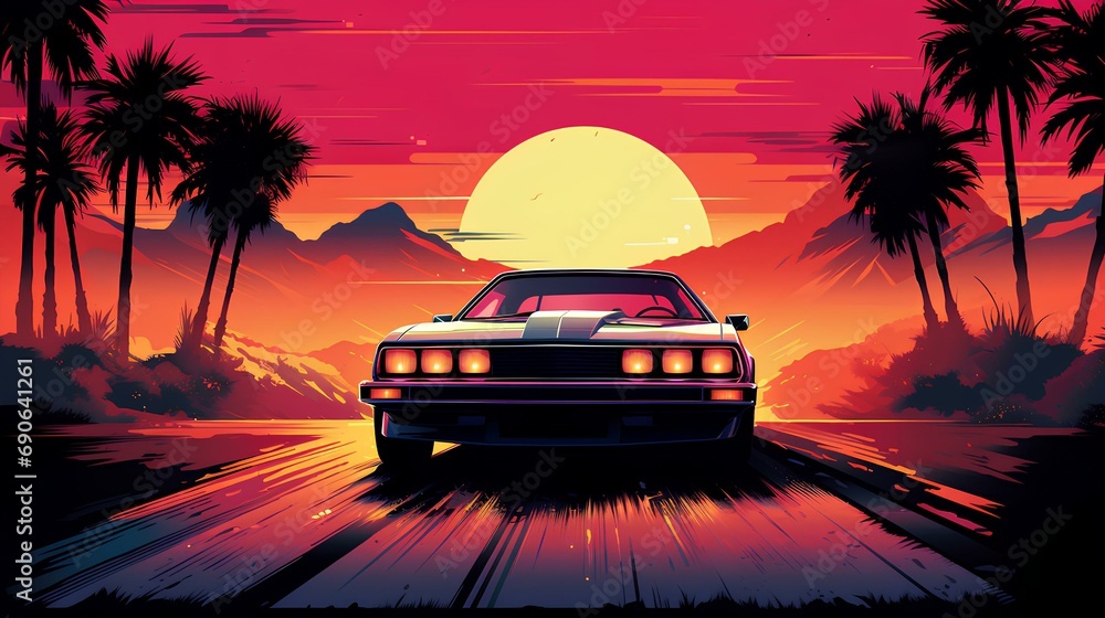 Retro car and sunrise scenery in the background