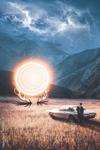 A man laying against his classic sport car in a field at a stormy evening and a mountain behind. a very bright glowing big fire portal gate is opened from some deer horns and its swirling and burning