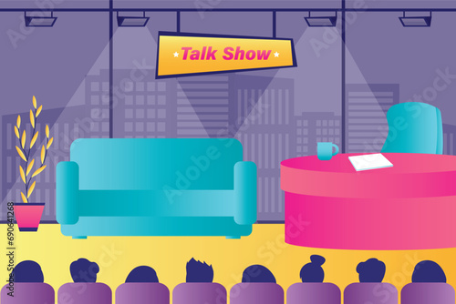 Talk show studio interior with sofa and desk on pedestal. Empty chat show studio. Evening talk show shooting stage. Host desk and guest couch with no people in spotlights. photo