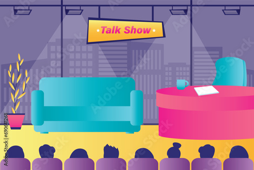 Talk show studio interior with sofa and desk on pedestal. Empty chat show studio. Evening talk show shooting stage. Host desk and guest couch with no people in spotlights.