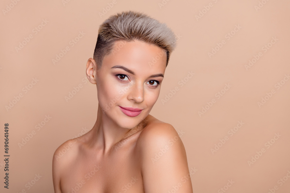 Photo of pretty gorgeous lady have cosmetology procedure for soft fresh skin enjoying isolated pastel color background Photo of pretty gorgeous lady have cosmetology procedure for soft fresh skin enjoying isolated pastel color background