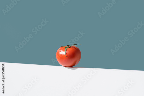 Un tomate rojo fresco sobre un soporte blanco y fondo verde