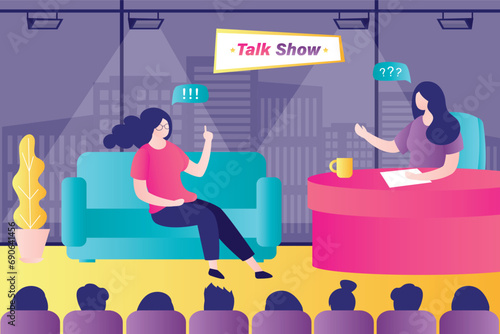Female interviewer asks famous celebrity on TV show. Popular woman-star gives interview to television presenter in broadcast studio. online channel, blogger and girl guest.