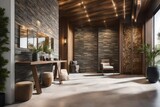 The seaside interior design of the modern entrance hall includes a wall of stone tiles and rustic timber accents