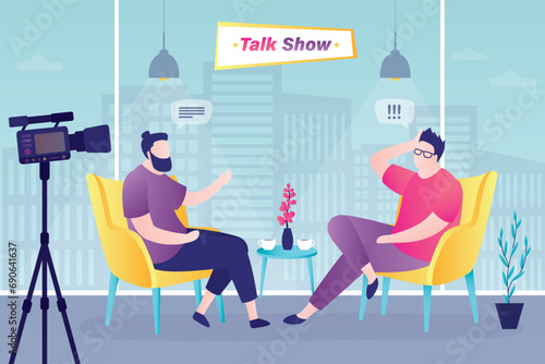 Male host asks famous celebrity on TV show. Popular man-star gives interview to television presenter in broadcast studio. Internet interview, online channel concept. Talk show.