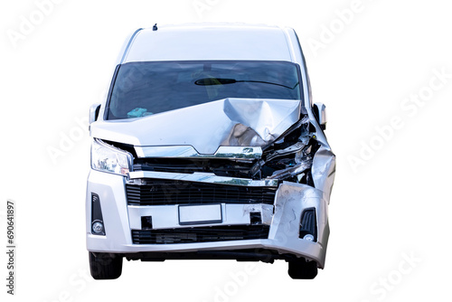 Front view of white van get damaged by accident on the road. damaged cars after collision. isolated on transparent background, car crash bumper graphic design element, PNG File photo
