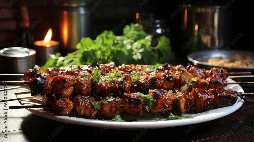 Chicken Kebab Skewers On Plate Over , Background Images , Hd Wallpapers