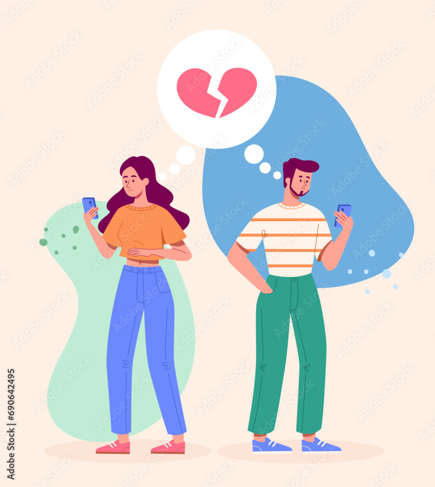 Loss of relationship concept. Man and woman with smartphones and broken heart. Family after divorce. Quarrel and conflict in couple. Loneliness and frustration. Cartoon flat vector illustration Loss of relationship concept. Man and woman with smartphones and broken heart. Family after divorce. Quarrel and conflict in couple. Loneliness and frustration. Cartoon flat vector illustration