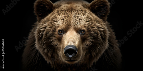 Bear with brown fur ,Close-up of calm bear muzzle isolated. Head front view, Bear on black background, a darkened image, stern brown slightly perplexing beast looks out of the darkness with small eye