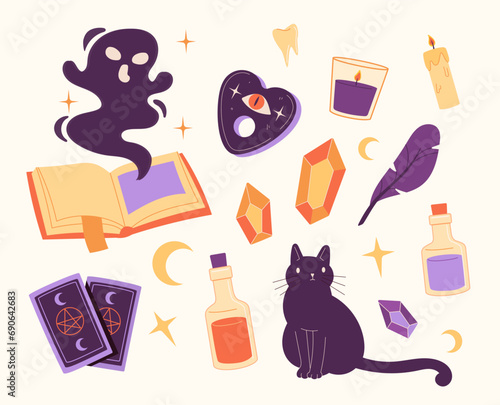 Magic objects set. Black cat and tarrot cards, yellow ruby. Feather and candles. Sorcery and witchcraft. Book and teeth. Cartoon flat vector collection isolated on white background
