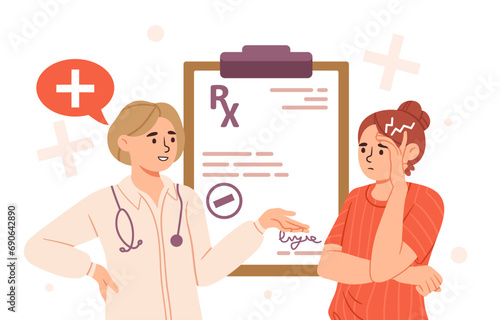 Medical prescription concept. Doctor give to patient drugs. Health care and medicine. Document for pharmacist. Diagnosis and treatment. Cartoon flat vector illustration isolated on white background