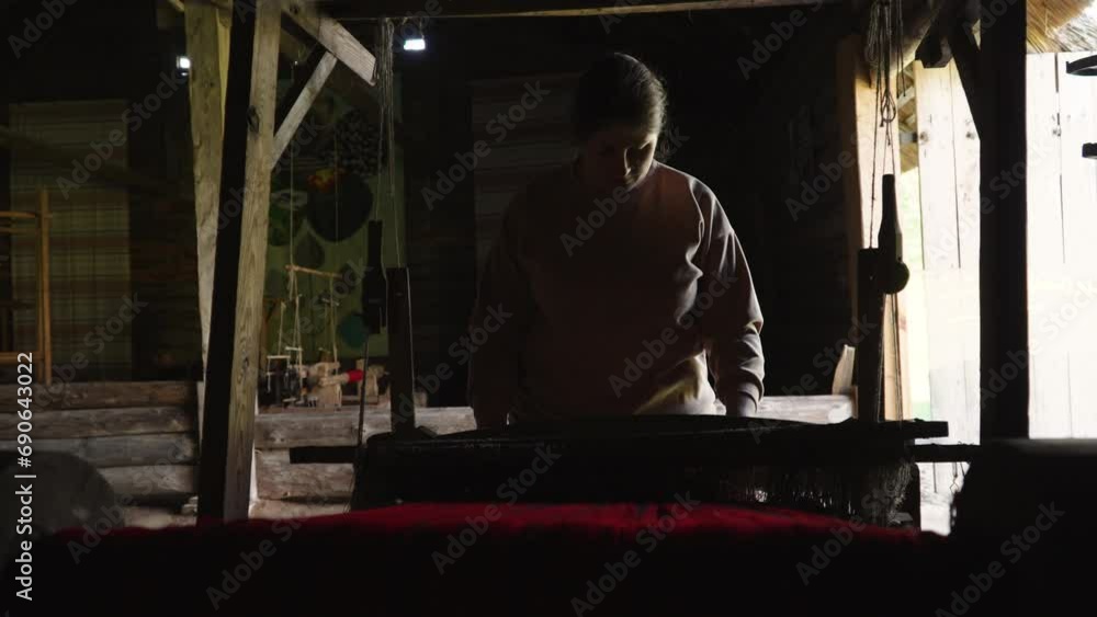 Woman in dark manufactory checks weave of threads on loom, view through weaving equipment. Old wooden tool for sewing and making weaving fabrics. Preserving traditions. Woman in dark manufactory checks weave of threads on loom, view through weaving equipment. Old wooden tool for sewing and making weaving fabrics. Preserving traditions.