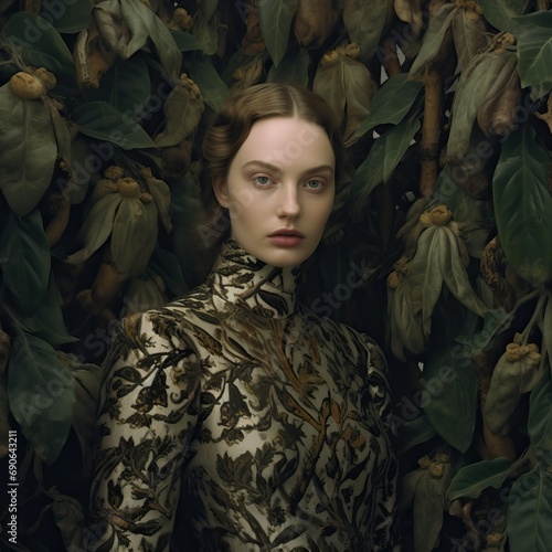 A beautiful woman wearing an elegant dress in front of large bushes, in the style of romina ressia, baroque-inspired details, klaus wittmann, marina abramovi close up, nature-inspired camouflage, nort photo
