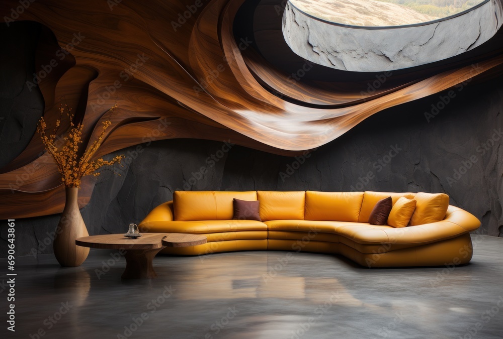 Luxurious and Modern Living Room with Yellow Leather Sofa and Abstract Artwork