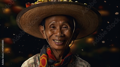 Creat a hyper realistic 4k picture of the stereotypical Thai person wearing a pha nung with spices  photo