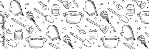 Kitchenware line Pattern. Food icons and elements. Bakery process Cookbook cute home menu.