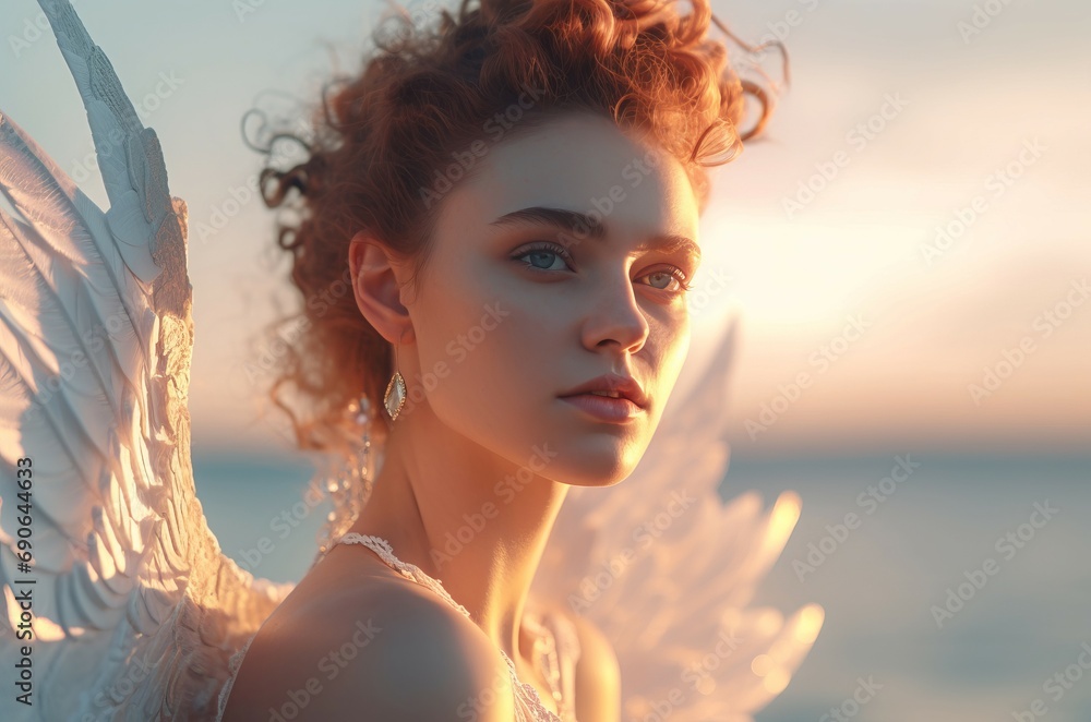 Beautiful female angel beach sunset portrait. Fashion party dream girl. Generate Ai