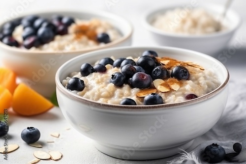 Bowl rice porridge pumpkin with berry. Gourmet cooking milk diet. Generate Ai