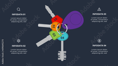 Creative infographic with 4 elements, presentations, vector illustration. Template for web on a black background.