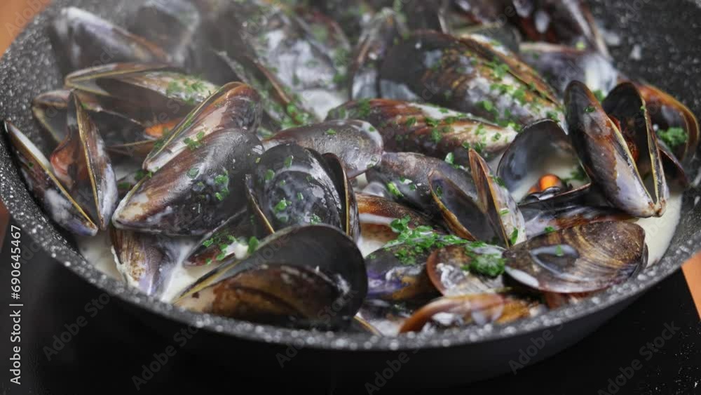 Close-up of steamed Mediterranean mussels prepared with aromatic herbs and cream sauce. Close-up of steamed Mediterranean mussels prepared with aromatic herbs and cream sauce.