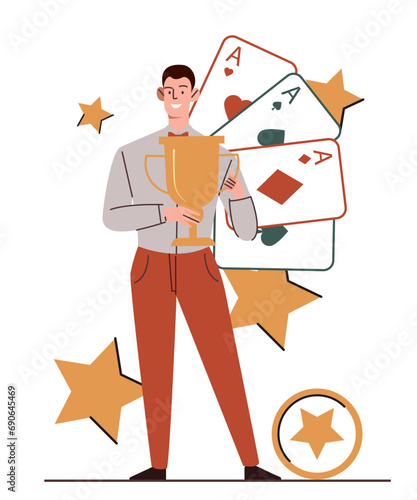Person playing casino concept. Man with playing cards and golden coins. Prize for winners. Advertising and marketing. Cartoon flat vector collection isolated on white background