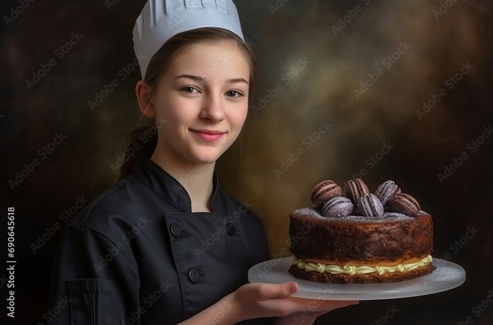 Chef black apron cake photo portrait. Cook tasty cream food. Generate Ai Chef black apron cake photo portrait. Cook tasty cream food. Generate Ai