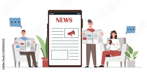 People reading news concept. Man and women with newspaper ans digital tablet. Information and knowledge. Propaganda and fake. Cartoon flat vector illustration isolated on white background
